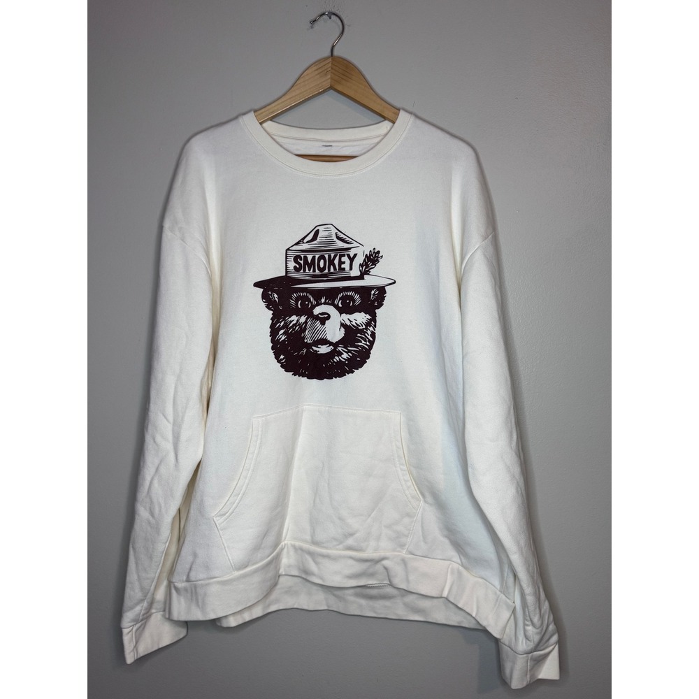 Smokey Bear Graphic Sweatshirt Cream Pullover Pocket 2XL